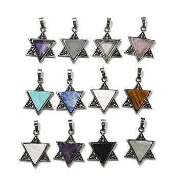 Natural & Synthetic Mixed Gemstone Pendants, Star of David Charms, with Antique Silver Tone Alloy Findings, Cadmium Free & Lead Free, 29x23.5x5mm, Hole: 7x5mm