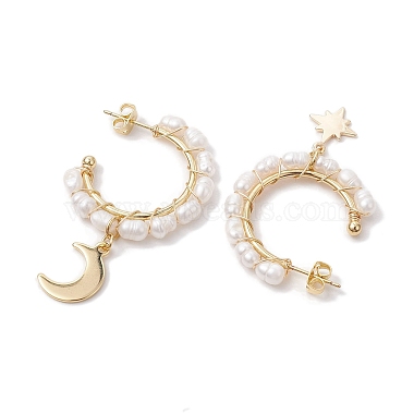 Moon & Star Natural Pearl Dangle Half Hoop Earrings(EJEW-JE05895-01)-4