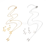 304 Stainless Steel Jewelry Sets, Cable Chains Pendant Necklaces and Stud Earrings, with Lobster Claw Clasps and Ear Nuts, Alphabet, Golden & Stainless Steel Color, Letter.H, 17.71 inch(45cm),  11x9x0.5mm, Pin: 0.8mm(SJEW-H303-H)