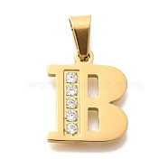 Ion Plating(IP) 304 Stainless Steel Rhinestone Pendants, Letter B, 17~19x10.5~18x2mm, Hole: 6.5x3.5mm(STAS-U035-01G-B)