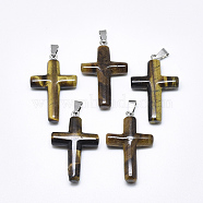Natural Tiger Eye Pendants, with Stainless Steel Snap On Bails, Cross, Stainless Steel Color, 44~46x28x8mm, Hole: 3~4x7~8.5mm(X-G-T122-18K)