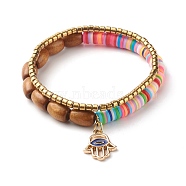 Natural Wood & Polymer Clay Heishi Beads Stretch Bracelets Set, Hamsa Hand with Evil Eye Charm Lucky Bracelets for Women, Mixed Color, Inner Diameter: 2 1/8~2-1/4 inch(5.5~5.8cm), 2pcs/set(BJEW-JB07432)
