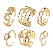 6Pcs 6 Styles Brass Micro Pave Clear Cubic Zirconia Cuff Rings, Open Rings, Long-Lasting Plated, Heart & Word LOVE & Infinity & Wide Band Rings & Heart with Heart, Real 18K Gold Plated, Inner Diameter: 16.3~17.7mm, 1pc/style(RJEW-LS0001-45G)