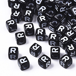 Opaque Acrylic Beads, Horizontal Hole, Alphabet Style, Cube, Black & White, Letter.R, 5x5x5mm, Hole: 2mm, about 500pcs/50g(X-SACR-N002-01R)