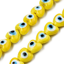 Handmade Evil Eye Lampwork Beads Strands, Heart, Yellow, 12~12.5x12~13x7.5mm, Hole: 1.2mm, about 33pcs/strand, 14.76 inch(37.5cm)(LAMP-N029-010J)