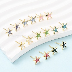 Brass Enamel Starfish Stud Earrings, with Shell and Sterling Silver Pins, Long-Lasting Plated, Cadmium Free & Nickel Free & Lead Free, Real 18K Gold Plated, 9x9.5mm(EJEW-I322-02G)