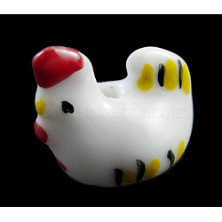 Handmade Famille Rose Porcelain Beads, Chinese Zodiac-Rooster, White, about 16.5mm long, 11mm wide, 16mm thick, hole: 2mm(X-CFF025Y-3)