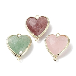 Natural Rose Quartz & Green Strawberry Quartz & Strawberry Quartz Connector Charms, with Rack Plating Light Gold Plated Edge Brass Loops, Faceted, Heart, 25x21x7mm, Hole: 1.6mm(G-G012-01G-02)