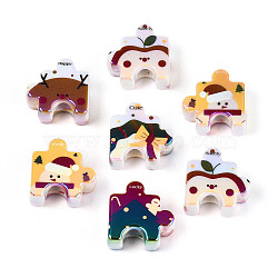 UV Plating Opaque Printed Acrylic European Beads, Puzzle with Christmas Pattern, Large Hole Bead, Mixed Shapes, 23~23.5x23.5x10mm, Hole: 5.5~6mm(OACR-N153-06)
