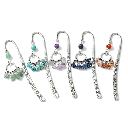 5Pcs 5 Style Ring Alloy Pendant Bookmarks with Gemstone Chip Tassels, Flower Pattern Hook Bookmarks, Mixed Color, 118mm, 1pc/style(AJEW-TA00009)