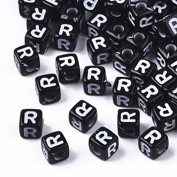 Opaque Acrylic Beads, Horizontal Hole, Alphabet Style, Cube, Black & White, Letter.R, 5x5x5mm, Hole: 2mm, about 500pcs/50g