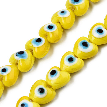 Handmade Evil Eye Lampwork Beads Strands, Heart, Yellow, 12~12.5x12~13x7.5mm, Hole: 1.2mm, about 33pcs/strand, 14.76 inch(37.5cm)