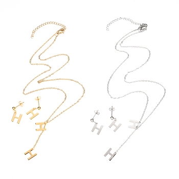 304 Stainless Steel Jewelry Sets, Cable Chains Pendant Necklaces and Stud Earrings, with Lobster Claw Clasps and Ear Nuts, Alphabet, Golden & Stainless Steel Color, Letter.H, 17.71 inch(45cm),  11x9x0.5mm, Pin: 0.8mm