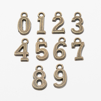 Tibetan Style Alloy Pendants, Cadmium Free & Lead Free, Number 0~9, Antique Bronze, 15~15.5x5~8.5x2mm, Hole: 1.8mm, 10pcs/set