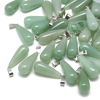 Natural Green Aventurine Pendants, with Stainless Steel Snap On Bails, teardrop, 28~30x10~12mm, Hole: 6x4mm