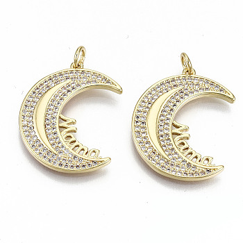 Brass Micro Pave Clear Cubic Zirconia Pendants, with Jump Rings, Nickel Free, Moon, Real 16K Gold Plated, 25x20x2mm, Jump Ring: 5x1mm, 3mm inner diameter