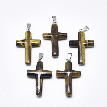 Natural Tiger Eye Pendants, with Stainless Steel Snap On Bails, Cross, Stainless Steel Color, 44~46x28x8mm, Hole: 3~4x7~8.5mm