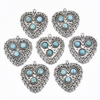 Tibetan Style Alloy Pendants, with Synthetic Turquoise, Cadmium Free & Lead Free, Heart, Antique Silver, 34.5x32x5mm, Hole: 1.6mm