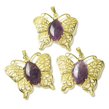 Natural Amethyst Pendants, Brass Butterfly Charms, Golden, Rack Plating, Cadmium Free & Lead Free, 41.5x45x8mm, Hole: 8x4.5mm