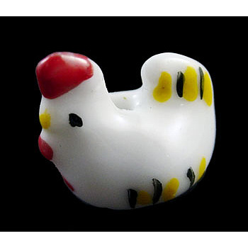 Handmade Famille Rose Porcelain Beads, Chinese Zodiac-Rooster, White, about 16.5mm long, 11mm wide, 16mm thick, hole: 2mm