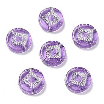 Plating Transparent Acrylic Beads, Metal Enlaced, Flat Round with Rhombus Pattern, Dark Orchid, 15~15.5x4.5~5mm, Hole: 1.8mm, about 606pcs/500g