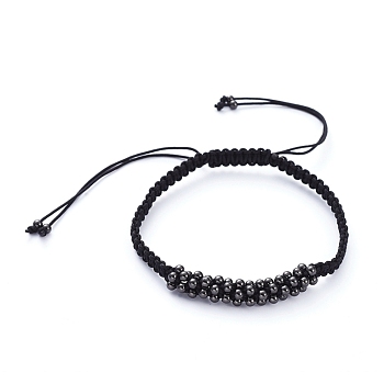 Unisex Adjustable Nylon Thread Braided Bead Bracelets, with Brass Round Beads, Gunmetal, 2-1/4 inch~3-7/8 inch(5.7~10cm)