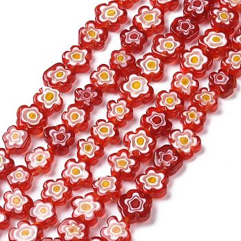 Handmade Millefiori Glass Bead Strands, Flower, Red, 10x2.6mm, Hole: 1mm, about 42pcs/strand, 15.75 inch(40cm)