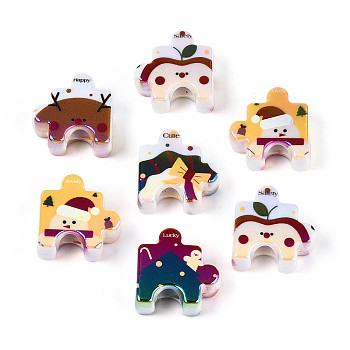 UV Plating Opaque Printed Acrylic European Beads, Puzzle with Christmas Pattern, Large Hole Bead, Mixed Shapes, 23~23.5x23.5x10mm, Hole: 5.5~6mm