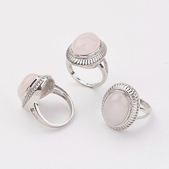 Natural Rose Quartz Finger Rings, with Brass Ring Finding, Platinum, Oval, Size 8, 18mm