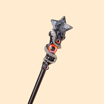 Evil Eyes Style Natural Larvikite Magic Wand, for Witches and Wizards, with Wooden Handles, Star with Snake, 280x30mm