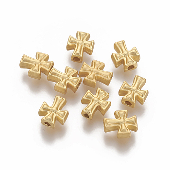 Brass Beads, Long-Lasting Plated, Cross, Matte Gold Color, 9.9x8.3x4.4mm, Hole: 1.8mm