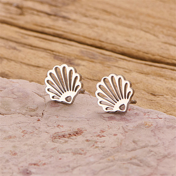 201 Stainless Steel Stud Earrings, Hollow Shell Shape, Stainless Steel Color, 9x8mm