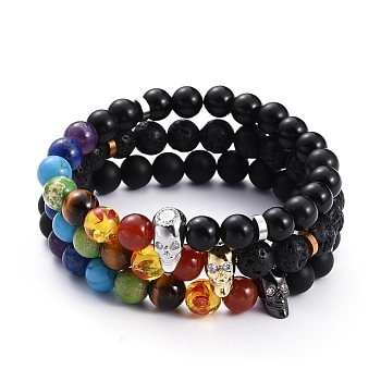 Chakra Jewelry, Gemstone Stretch Bracelets, with Skull Brass Micro Pave Cubic Zirconia Beads and Brass Spacer Beads, Inner Diameter: 2-1/8 inch(5.3cm), 3pcs/set