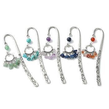 5Pcs 5 Style Ring Alloy Pendant Bookmarks with Gemstone Chip Tassels, Flower Pattern Hook Bookmarks, Mixed Color, 118mm, 1pc/style