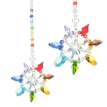 Flower Faceted Glass Pendant Decoration, with Brass Cable Chains and 304 Stainless Steel Jump Rings, for Home Decoration, Colorful, 182mm, Hole: 8mm
