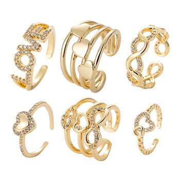 6Pcs 6 Styles Brass Micro Pave Clear Cubic Zirconia Cuff Rings, Open Rings, Long-Lasting Plated, Heart & Word LOVE & Infinity & Wide Band Rings & Heart with Heart, Real 18K Gold Plated, Inner Diameter: 16.3~17.7mm, 1pc/style