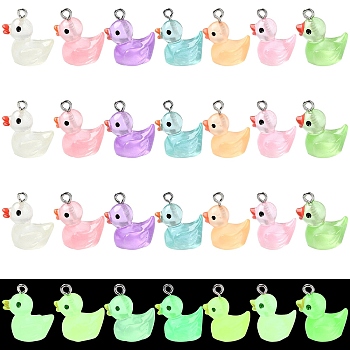 21Pcs 7 Styles Luminous Transparent Resin Pendants, Glow in the Dark Duck Charms, with Platinum Tone Iron Loops, Mixed Color, 18~21x17~20x12~13mm, Hole: 2mm, 3pcs/style