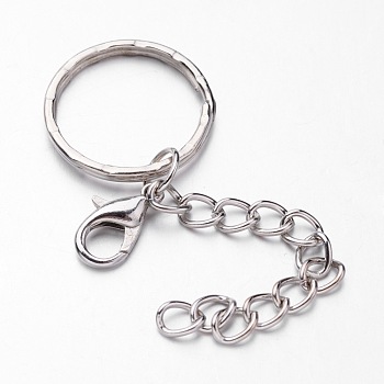 Iron Split Key Rings, with Zinc Alloy Lobster Claw Clasps and Curb Chains, Platinum, 41mm