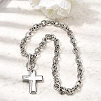 304 Stainless Steel Religion Cross Pendant Cable Chain Necklaces with OT Clasps for Women, Tarnish Free, Stainless Steel Color, 16.18 inch(41.1cm)(NJEW-G199-02P)