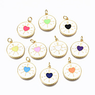Brass Enamel Pendants, with Jump Rings, Real 16K Gold Plated, Cadmium Free & Nickel Free & Lead Free, Flat Round with Heart, Mixed Color, 19.5x17.5x1.5mm, Jump Ring: 5x0.8mm, 3.4mm Inner Diameter(KK-S362-013-NR)