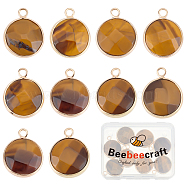 10Pcs Natural Tiger Eye Pendants, Faceted Flat Round Charms, with Golden Tone Brass Findings, 21x18x6mm, Hole: 2mm(G-BBC0001-37C)