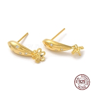 Flower 925 Sterling Silver Micro Pave Cubic Zirconia Stud Earring Findings, for Half Drilled Beads, with S925 Stamp, Real 18K Gold Plated, 19x5.5mm, Pin: 0.9mm and 11x0.9mm(STER-P056-12G)