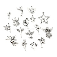 Alloy Pendants, Fairy Angel, Antique Silver, 17.5~30x8.5~25.5x1.5~2mm, Hole: 1.6mm, 2pcs/Style(PALLOY-D018-03AS)