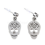 201 Stainless Steel Dangle Stud Earrings, with Clear Cubic Zirconia, Skull, Stainless Steel Color, 24mm, Pin: 0.8mm(EJEW-T008-JN734)