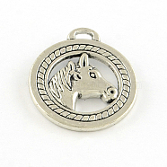 Tibetan Style Alloy Pendants, Flat Round with Horse Head, Cadmium Free & Lead Free, Antique Silver, 28x25x4mm, Hole: 3.5mm, about 160pcs/1000g(TIBEP-S293-015AS-LF)