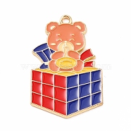 Alloy Enamel Pendants, Magic Cube with Bear Charm, Red, 33x21x1.5mm, Hole: 2mm(ENAM-M055-02G-01)