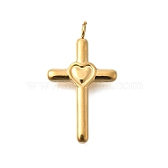 PVD Vacuum Plating 201 Stainless Steel Pendants, Cross with Heart Charm, Real 18K Gold Plated, 21.5x12x2mm, Hole: 1.8mm(STAS-C111-19G)