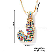 Brass Pave Colorful Cubic Zirconia Letter Pendant Box Chain Necklaces, Golden, Letter J, 15.75 inch(40cm)(NU0575-10)