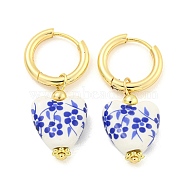 Handmade Porcelain Blue and White Porcelain Heart Hoop Earrings, 304 Stainless Steel Dangle Earrings for Women, Golden, 36.5x15mm(EJEW-A042-01)