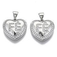Brass Micro Pave Clear Cubic Zirconia Pendants, with Brass Snap on Bails, Nickel Free, Heart, Real Platinum Plated, 17x17x4mm, Hole: 5x3mm(ZIRC-N039-040B-NF)